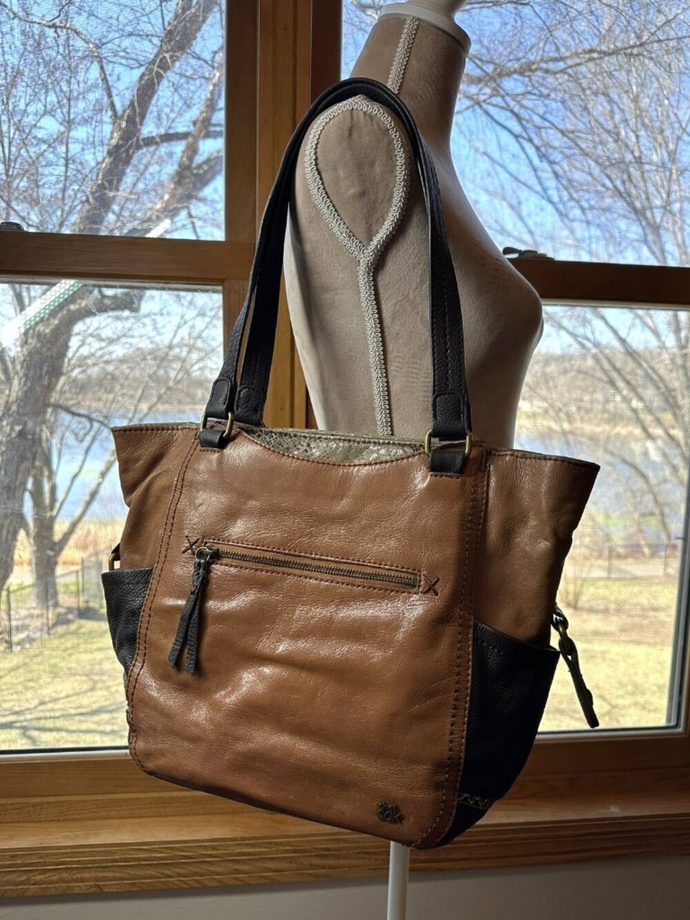 The Sak Tan and Brown Leather Tote Bag Boho Shoulder Bag Large